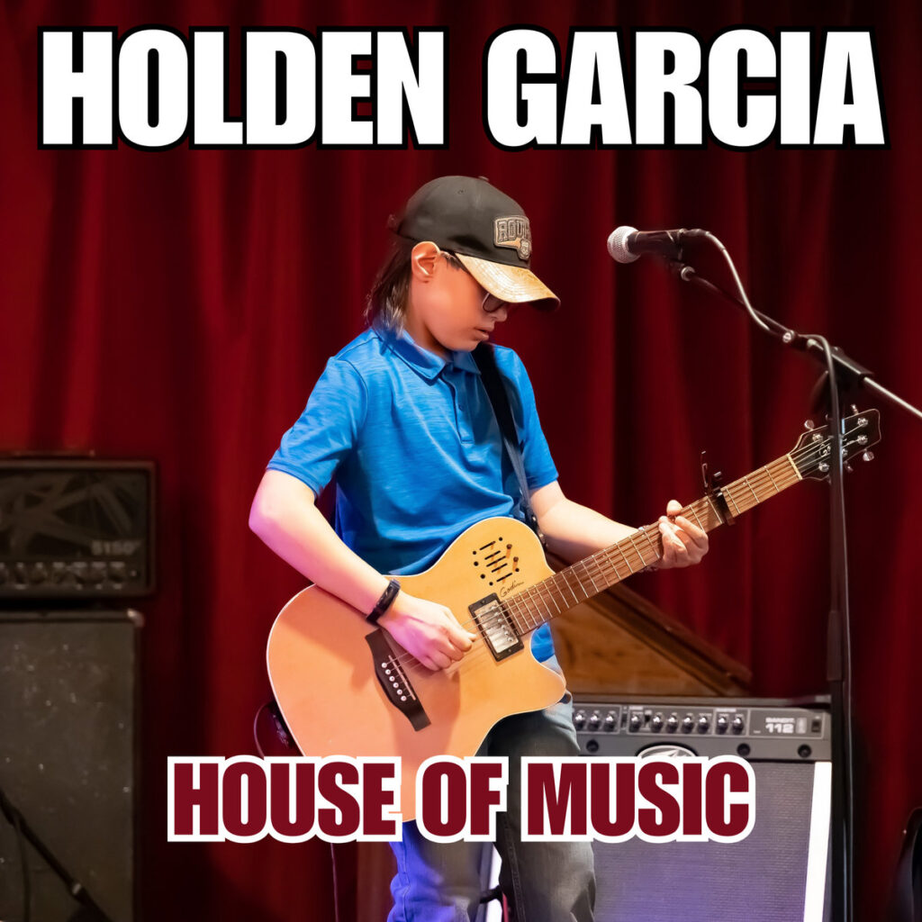 House of Music by Holden Garcia, album artwork showing Holden playing guitar against red stage curtains.