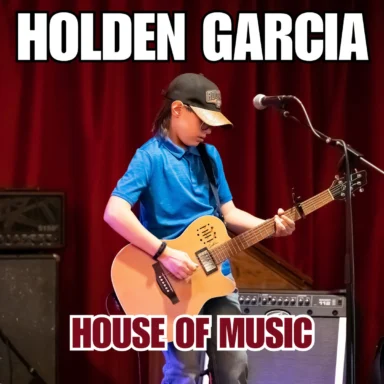 House of Music by Holden Garcia, album artwork showing Holden playing guitar against red stage curtains.