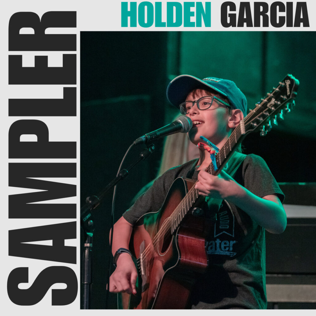 Sampler by Holden Garcia, cover artwork showing Holden singing and playing guitar with teal accents.
